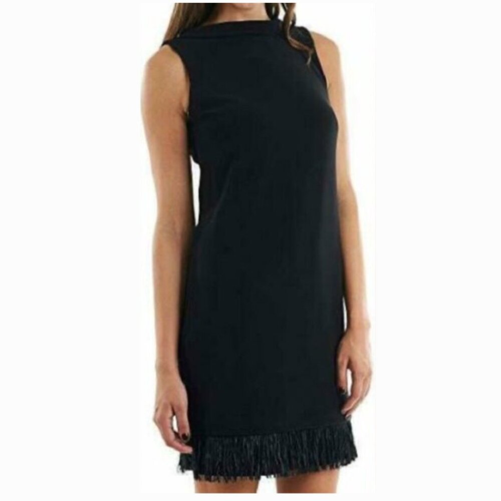 Joseph Ribkoff Black Cowl Neck Sleeveless Fringe Evening Dress size 10